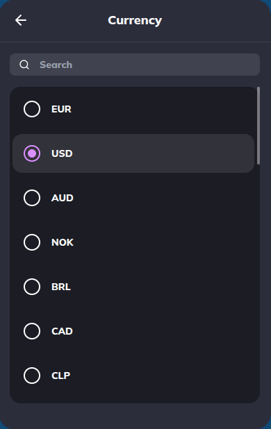 Buy — fiat currency picker