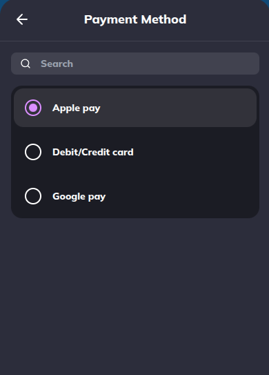 Buy — payment method picker