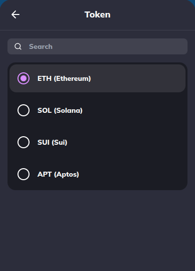 Buy — token picker