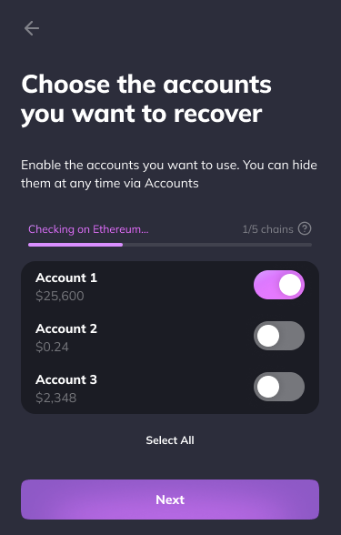 Select accounts to recover