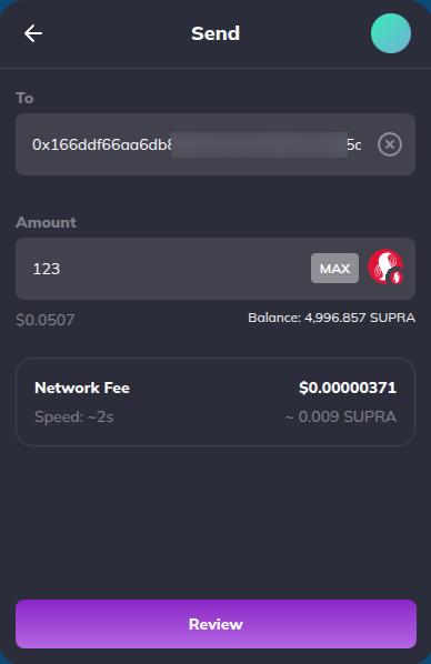 Send tokens — network fee